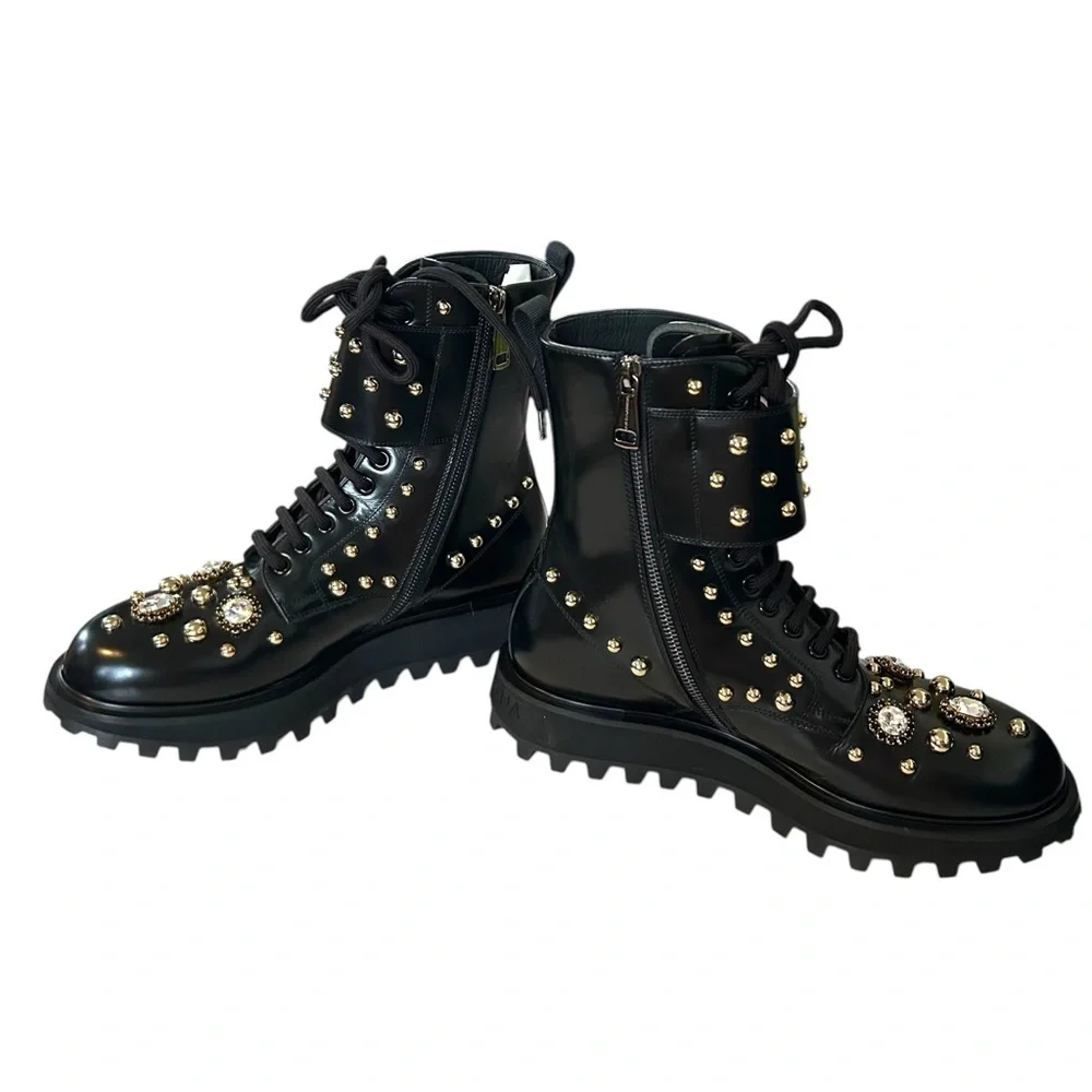Dolce & Gabbana 9 Naxos combat boot studded jeweled lace‎ up zip crown embossed